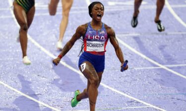 Sha'Carri Richardson celebrates winning the women's 4x100m relay