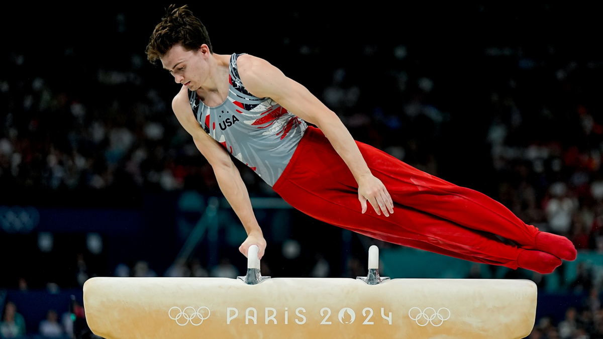 Team USA's Stephen Nedoroscik on pommel horse during the men's artistic gymnastics team final