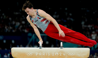 Team USA's Stephen Nedoroscik on pommel horse during the men's artistic gymnastics team final