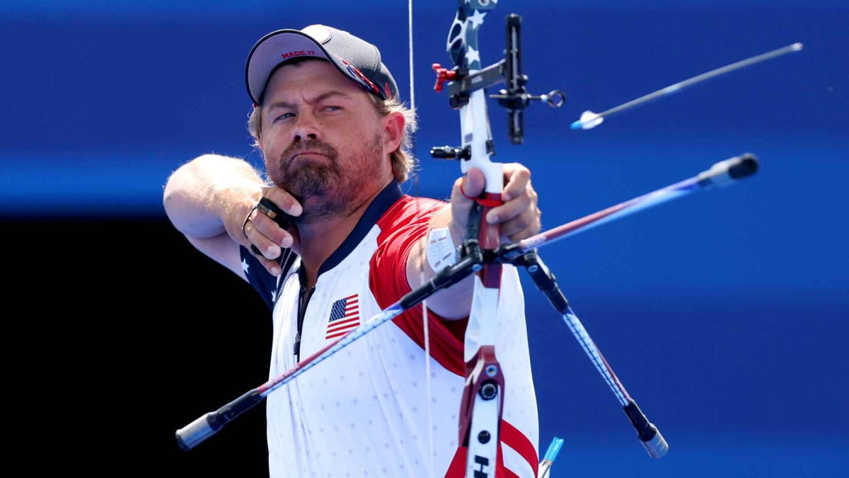 Brady Ellison shoots an arrow during Olympic archery.