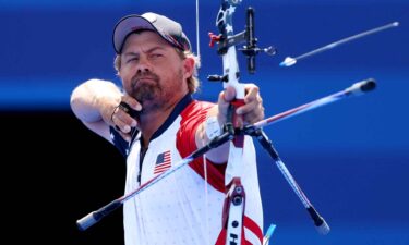 Brady Ellison shoots an arrow during Olympic archery.