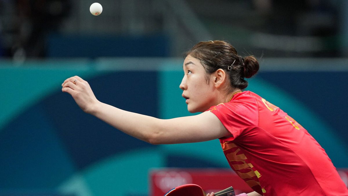 Chen Meng of Team China competes during table tennis women's singles tournament at the 2024 Paris Olympics.