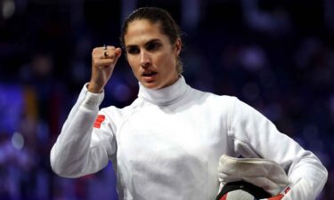 Elodie Clouvel reacts in the fencing round of the modern pentathlon.