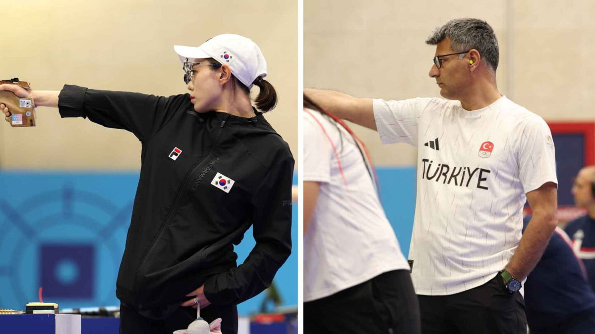 Kim Yeji and Yusuf Dikec aim during an Olympic event.