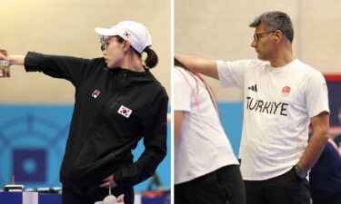 Kim Yeji and Yusuf Dikec aim during an Olympic event.