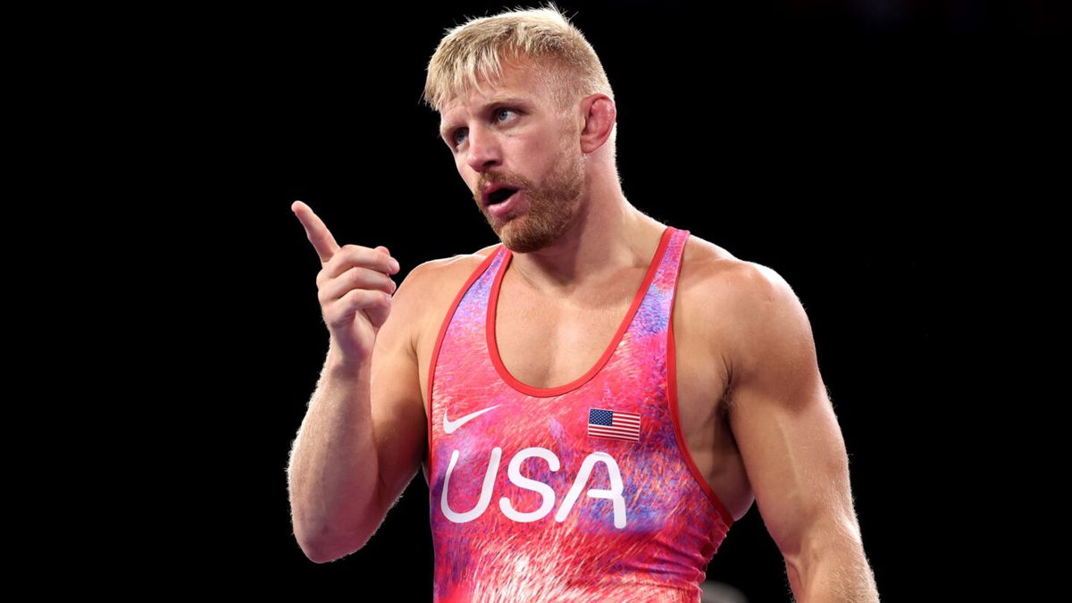 American Kyle Dake reacts during men's freestyle 74kg competition at the 2024 Paris Olympics.