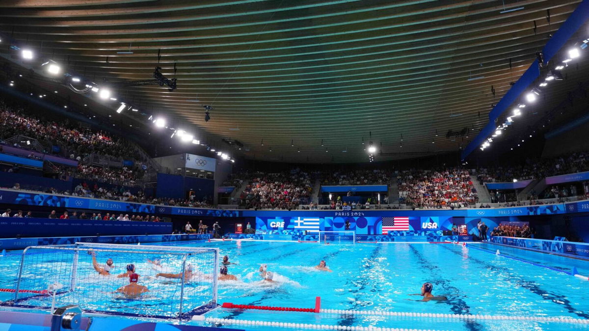 A general view in a water polo group stage match between USA and Greece during the 2024 Paris Olympics.