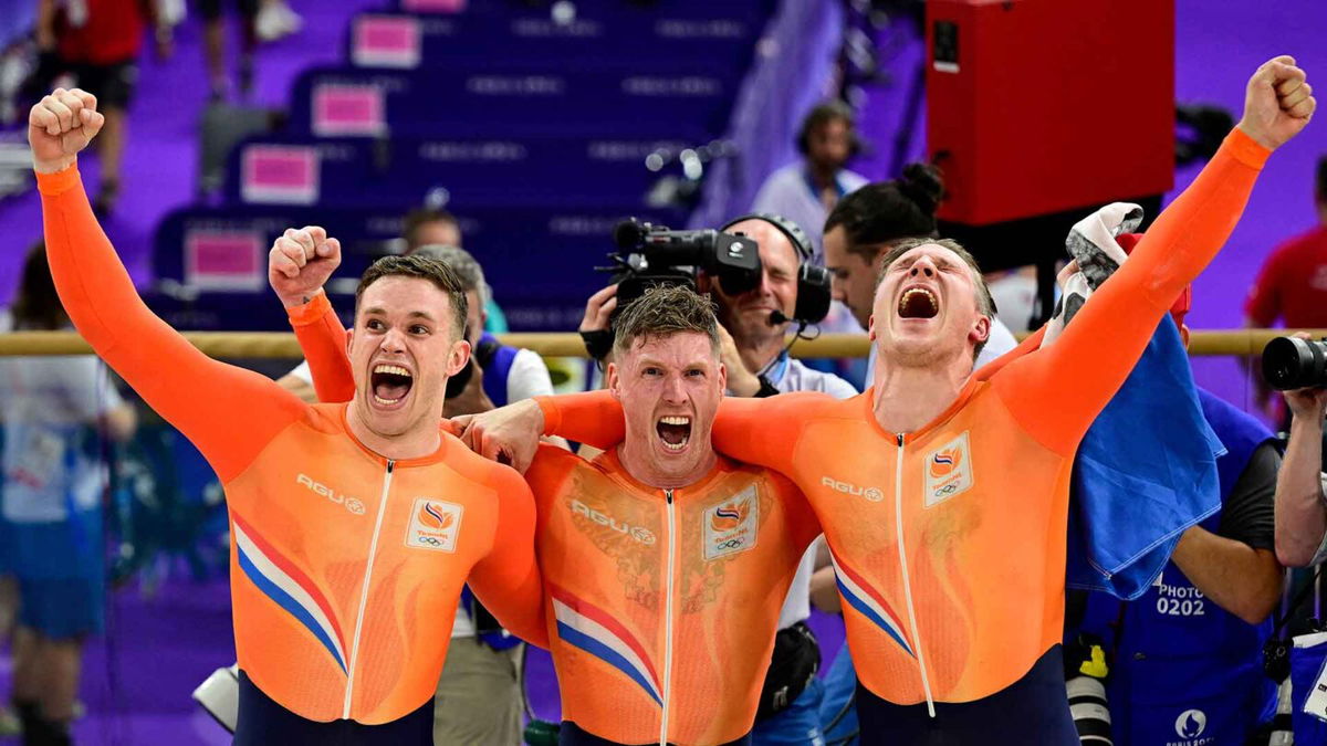 Netherlands celebrates winning gold in the men's team sprint