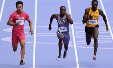 Noah Lyles of the United States competes in the first round of the men's 100m in the 2024 Paris Olympics.