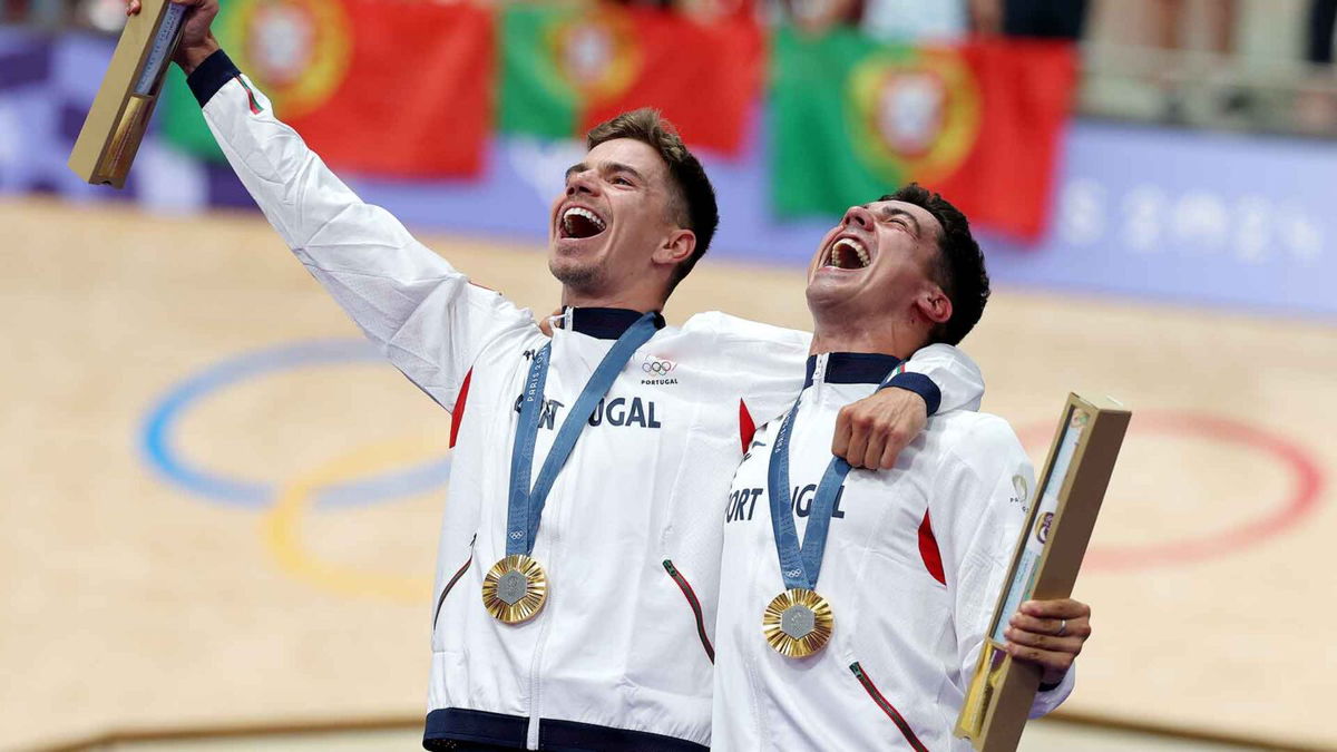 Portugal's Rui Oliveira and Iluri Leitao celebrate winning gold in the men's Madison.