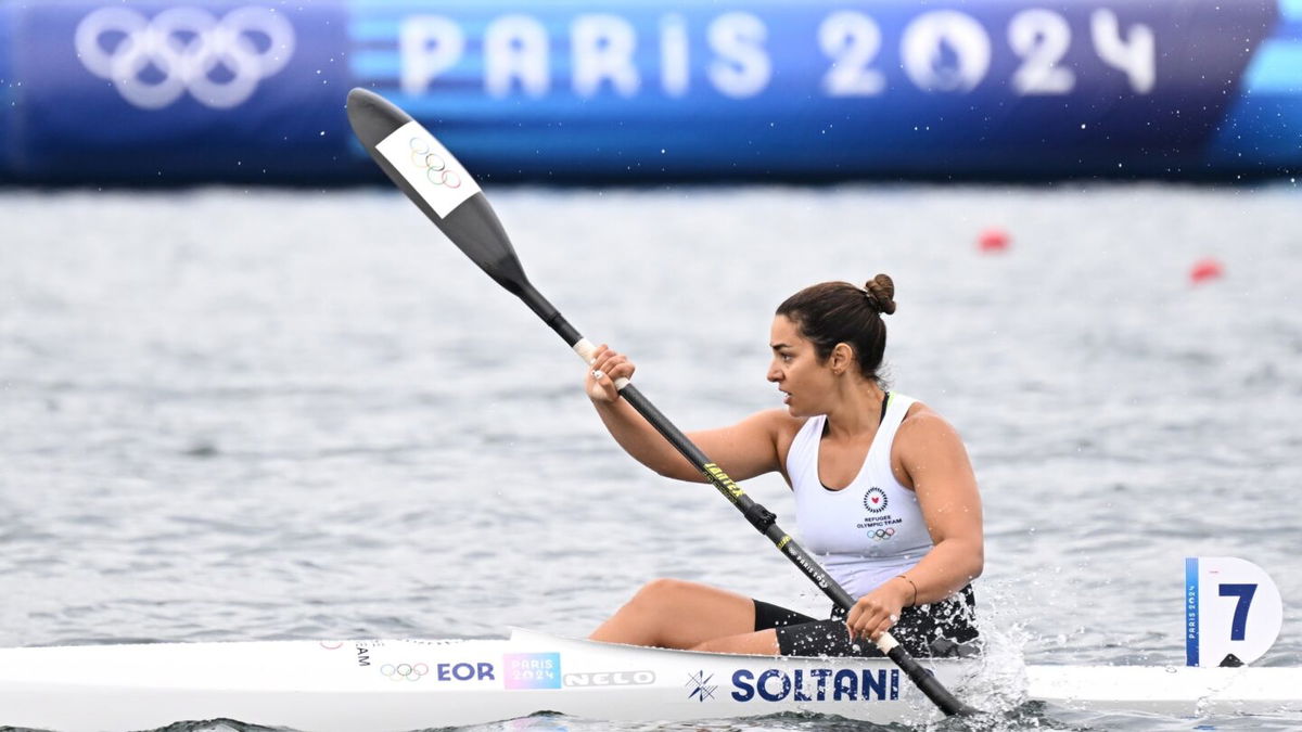 Saman Soltani of the Olympic Refugee Team competes in women's kayak single sculls at the 2024 Paris Olympics.