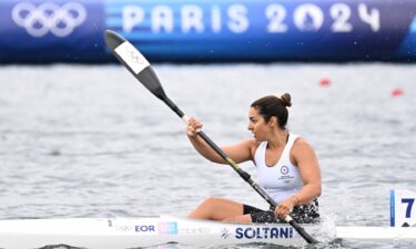 Saman Soltani of the Olympic Refugee Team competes in women's kayak single sculls at the 2024 Paris Olympics.