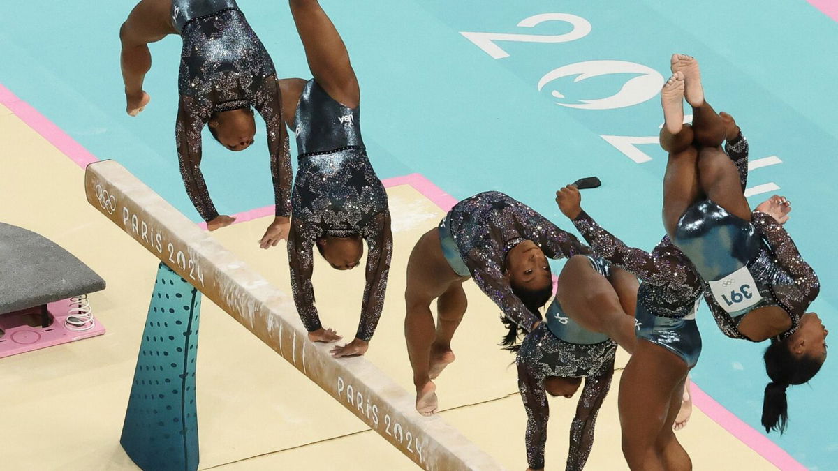 Simone Biles of the U.S. on beam at the 2024 Paris Olympics.