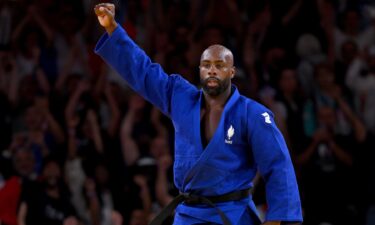 Teddy Riner of Team France reacts during the men's +100kg quarterfinal match against Guram Tushishvili of Team Georgia at the 2024 Paris Olympics.