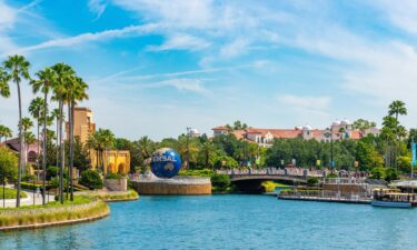 Urban skyline including the logo of Universal Studios.