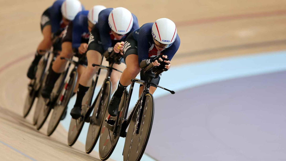 U.S. women compete in the women's pursuit during a 2024 Track Nations Cup race.