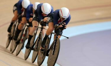 U.S. women compete in the women's pursuit during a 2024 Track Nations Cup race.