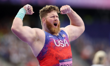 Ryan Crouser reacts during the men's shot put final at Stade de France.