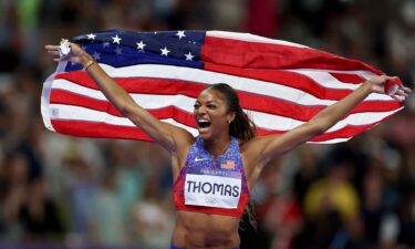 Gold medalist Gabrielle Thomas of Team United States celebrates winning the gold medal in the Women's 200m Final at Stade de France.