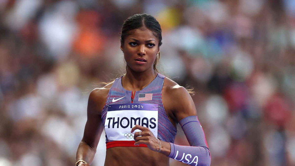 Gabby Thomas of Team USA competes during Women's 200m Semi-Final at Stade de France.