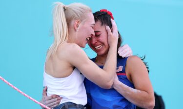 Janja Garnbret celebrates with Brooke Raboutou