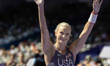 Katie Moon of the United States competes in the qualifying round of the Women's Pole Vault at Stade de France.