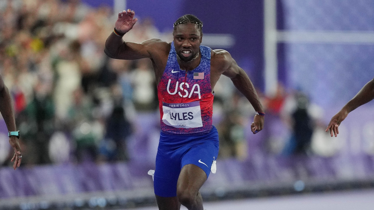 Noah Lyles wins the men's 100m final during the Paris Olympic Games at Stade de France.