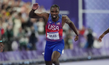 Noah Lyles wins the men's 100m final during the Paris Olympic Games at Stade de France.