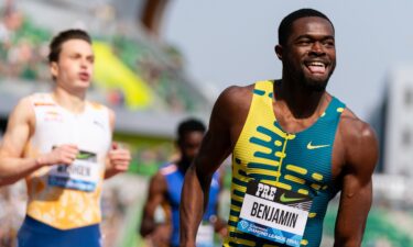 Rai Benjamin of the United States reacts after winning the Men's 400m Hurdles at Hayward Field on September 16