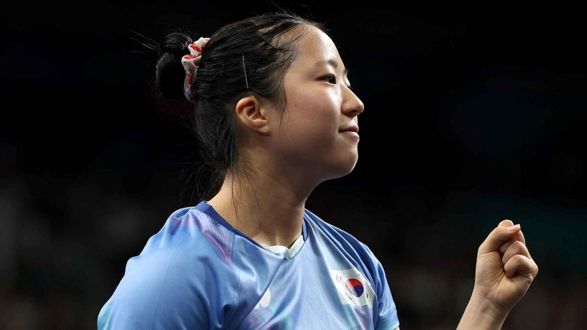 Shin Yubin of Team South Korea reacts after victory in the Bronze Medal match between Team Republic of Korea and Team Hong Kong on day four of the Olympic Games Paris 2024 at South Paris Arena on July 30