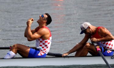 Martin Sinkovic and Valent Sinkovic of Team Croatia celebrate winning the gold medals after competing in the Rowing Men's Pair Final A on day seven of the Olympic Games Paris 2024 at Vaires-Sur-Marne Nautical Stadium on August 02