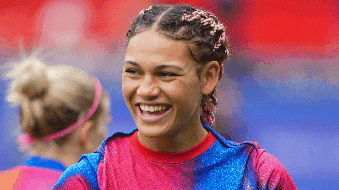 Trinity Rodman smiles ahead of the USWNT's Olympic quarterfinal versus Japan