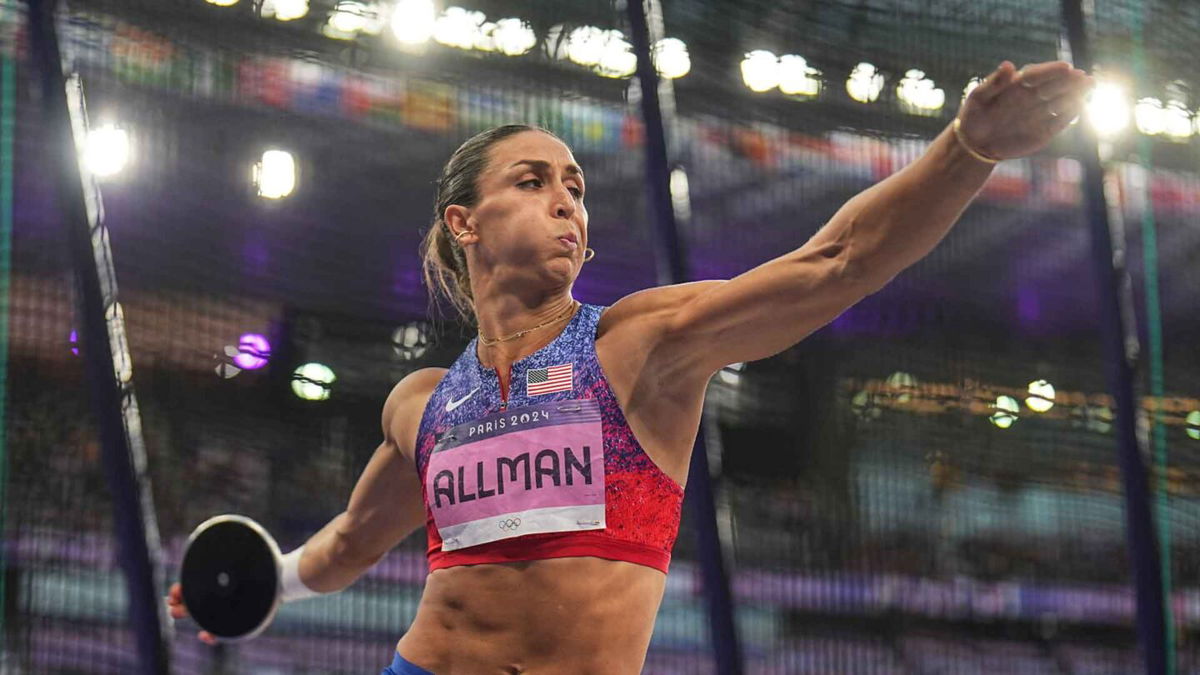 Valarie Allman competes in the women's discus event at the Paris Olympics on August 5.