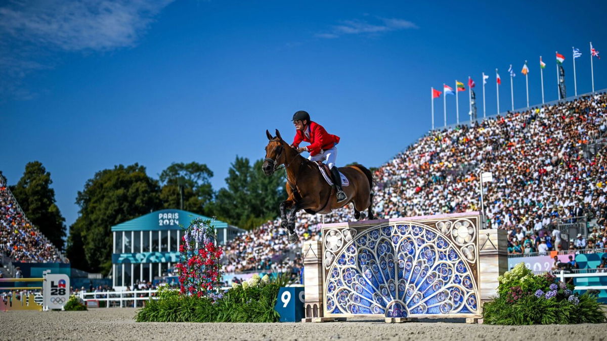 Karl Cook of the United States riding Caracole de la Roque in action during the Individual Jumping Final at the Château de Versailles during the 2024 Paris Olympic Games in Paris