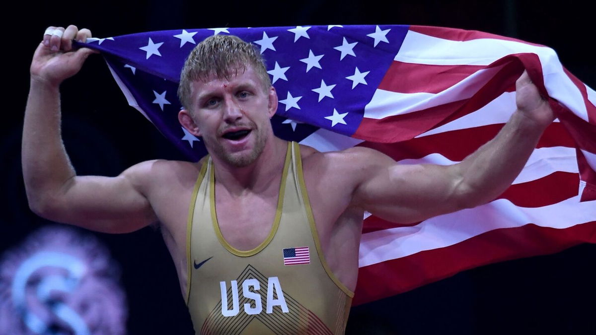 Kyle Douglas Dake of US celebrates winning the final of the men's freestyle -79kg category at the World Wrestling Championships in Budapest