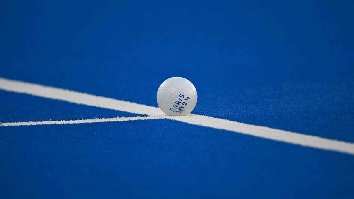 A view of the match ball bearing the Paris 2024 logo in the men's Pool B field hockey match between Australia and Belgium during the Paris Olympics at the Yves-du-Manoir Stadium in Colombes on July 30