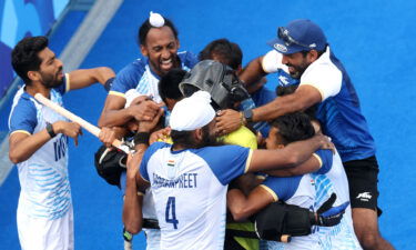 India celebrates a victory in the men's quarterfinal match between India and Great Britain on day nine of the Paris Olympics at Stade Yves Du Manoir on August 04