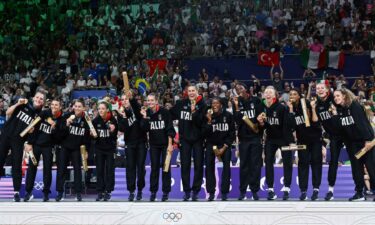 Team Italy celebrates winning gold at the end of women's gold medal volleyball match on day 16 of the Paris Olympics at Paris Arena on August 11