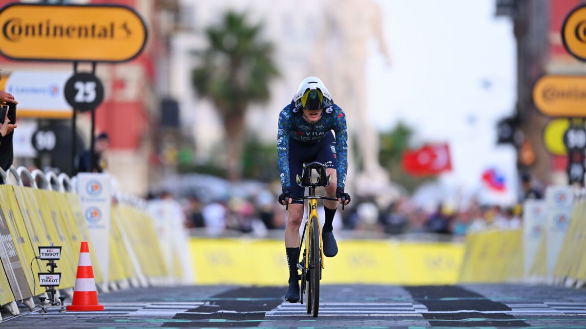 Matteo Jorgenson of The United States and Team Visma | Lease a Bike crosses the finish line during the 111th Tour de France 2024