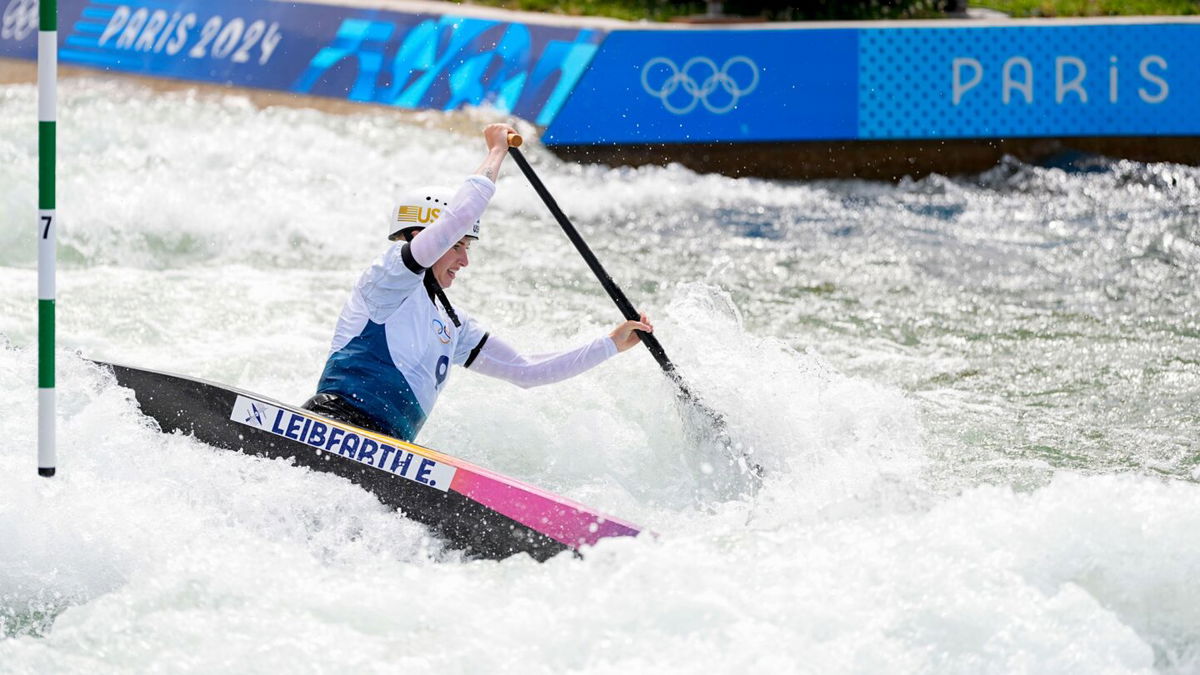 Evy Leibfarth of the United States during the 2024 Olympic Games at Vaires-sur-Marne Nautical Stadium.