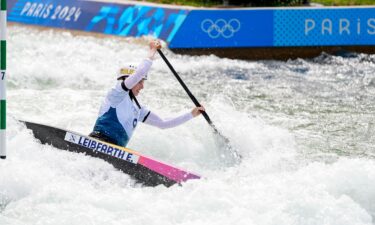 Evy Leibfarth of the United States during the 2024 Olympic Games at Vaires-sur-Marne Nautical Stadium.