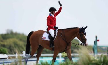 McLain Ward and horse Ilex of Team United States celebrate after their round in the Jumping Team Final on day seven of the Olympic Games Paris 2024 at Chateau de Versailles on August 02