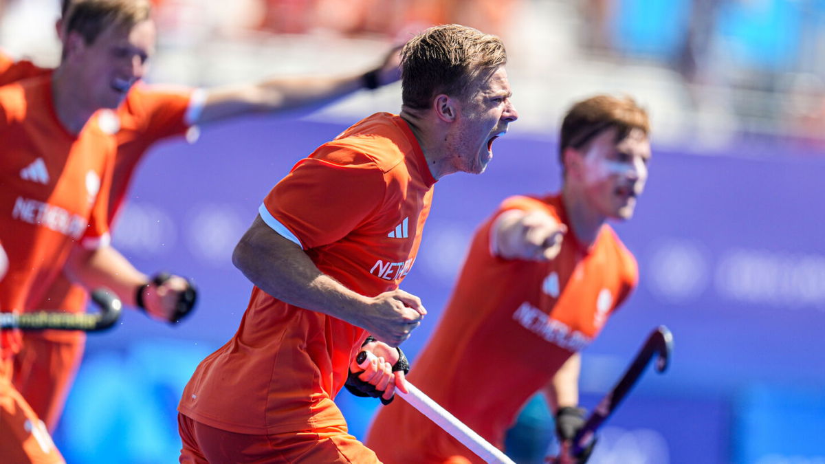 Thijs van Dam of the Netherlands celebrates the third goal during the first semifinal match between Netherlands and Spain on Day 11 at Stade Yves Du Manoir on August 6