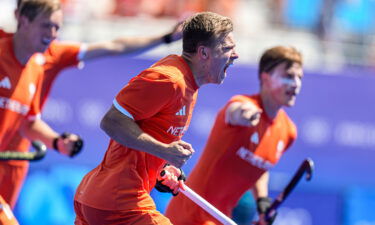 Thijs van Dam of the Netherlands celebrates the third goal during the first semifinal match between Netherlands and Spain on Day 11 at Stade Yves Du Manoir on August 6