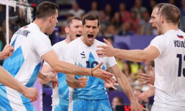 Gregor Ropret of Slovenia reacts with teammates during the Men's Preliminary Round - Pool A match between France and Slovenia