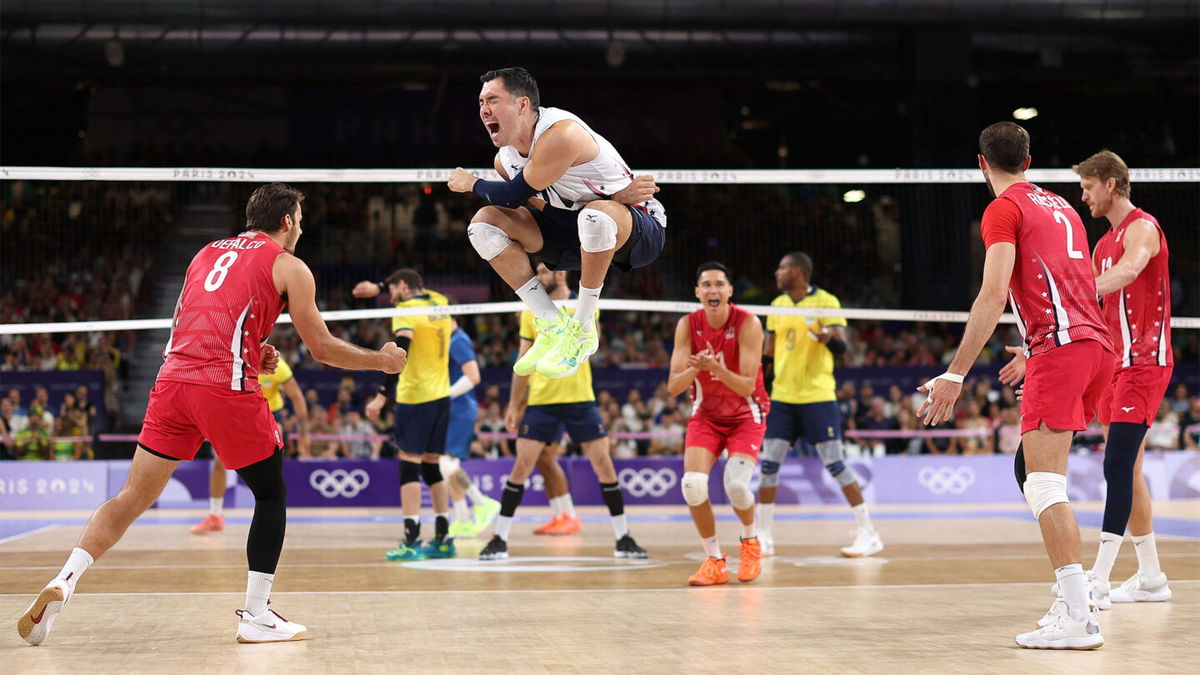 Erik Shoji of the United States celebrates a point against Brazil during a Men's Quarterfinal match