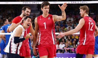 Matthew Anderson of the United States reacts with teammates during a Men's Bronze Medal Match between Italy and the United States