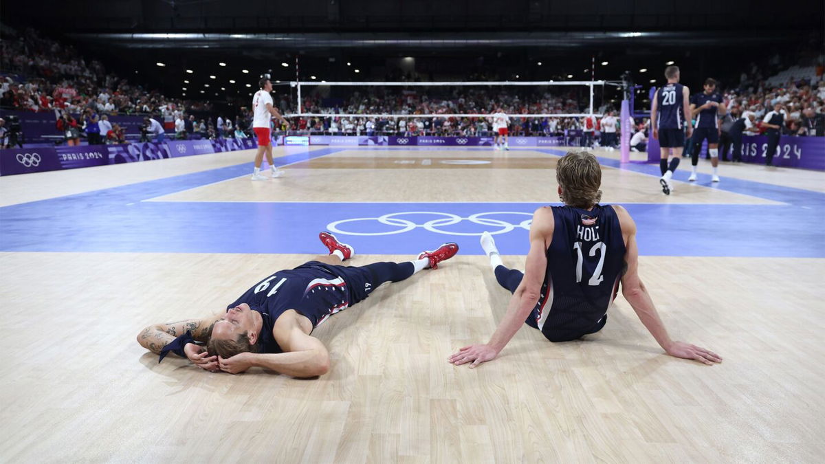 Maxwell Holt and Taylor Averill of the United States react after losing a Men's Semifinals match against Poland