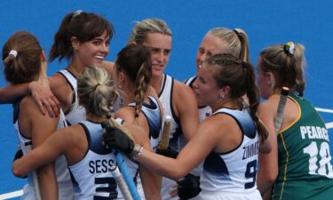 U.S. midfielder #02 Meredith Sholder (2nd-L) celebrates with teammates after scoring their first goal in the women's Pool B field hockey match between the USA and South Africa during the Paris 2024 Olympic Games at the Yves-du-Manoir Stadium in Colombes on August 3