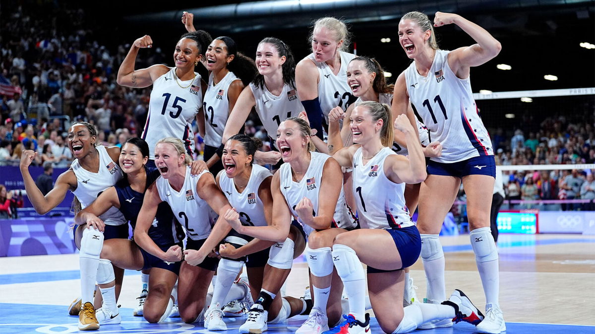 Team USA celebrates after their win against France in a pool A match during the Paris 2024 Olympic Summer Games at South Paris Arena 1.